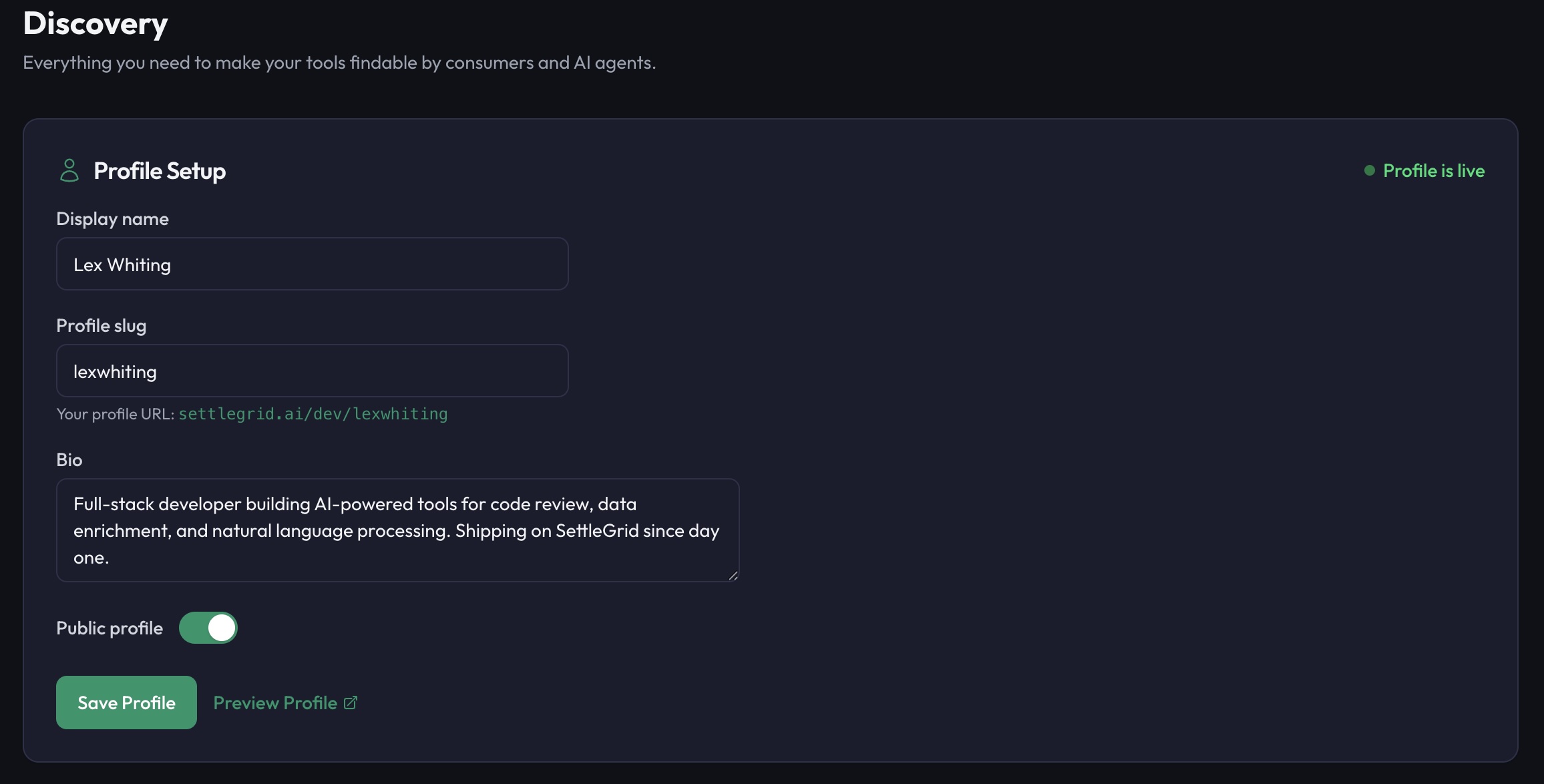 Discovery tab showing profile setup and showcase status